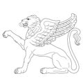 Sitting lion with wings. Heraldry.